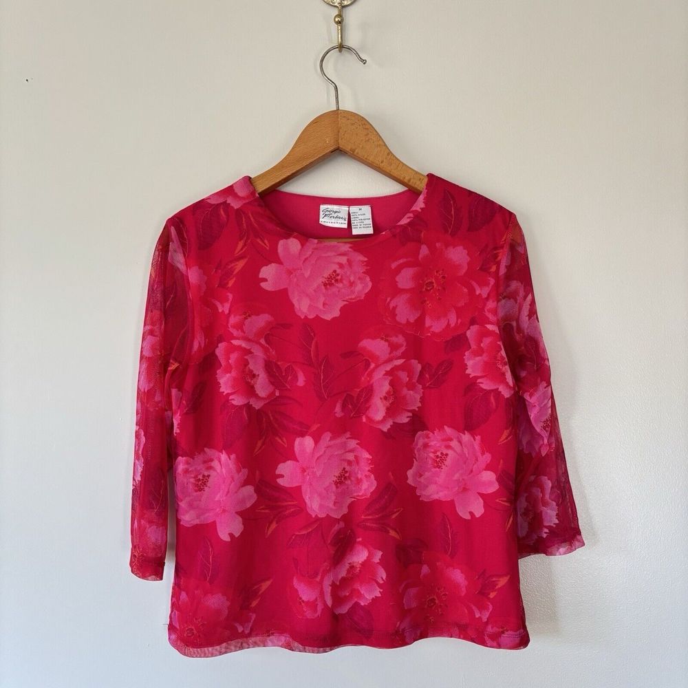 Vtg 90s Y2K Floral Micro Mesh Cropped Top Medium Pink Fairy Coquette Feminine